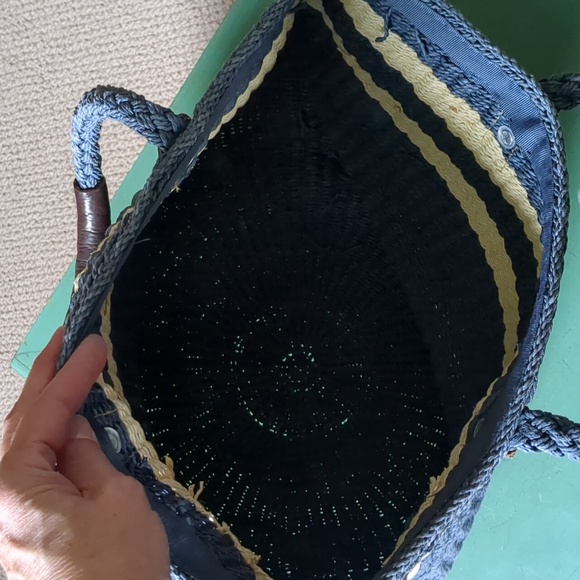 Vintage Fishermancore Blue and Cream Woven Tote with Leather Accents GAP - Picture 9 of 14